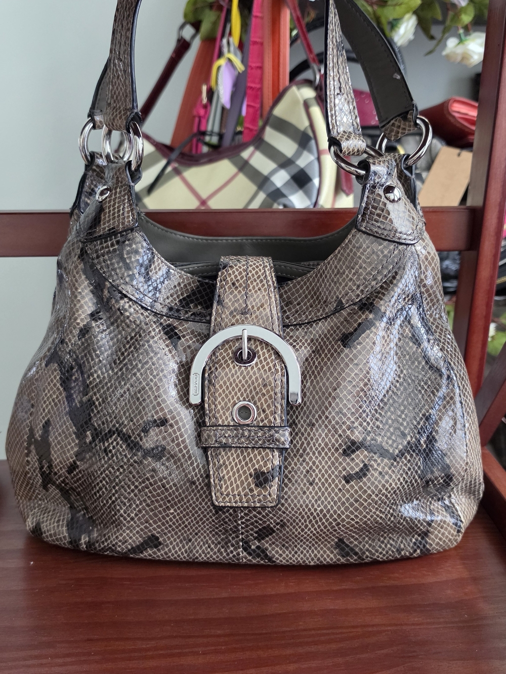 Coach SoHo Lynn Brown Snakeskin-Print Shoulder Bag with Silver Hardware